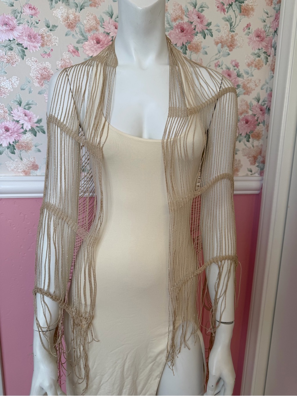 Scarf Lightweight Beige Fringe Shawl - Neutral Layering Piece